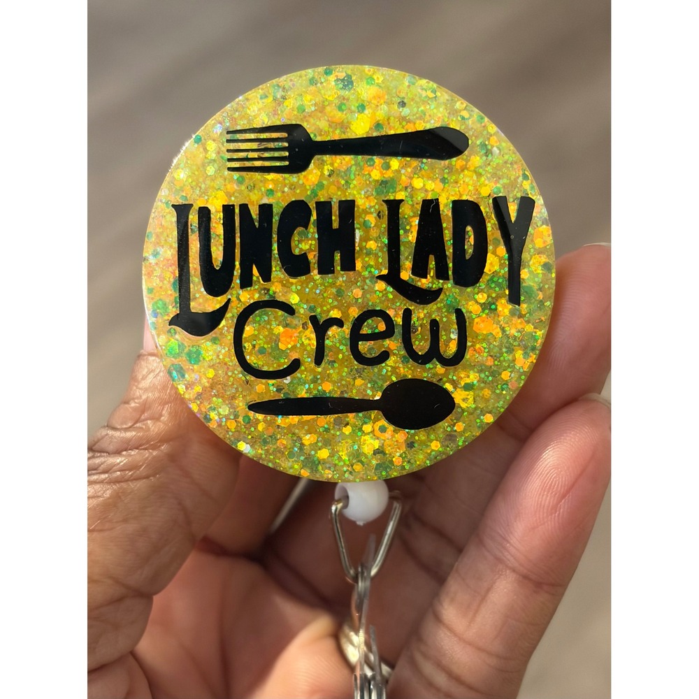 Lunch Lady Crew Glitter Resin Badge Reel Retractable ID Holder One of a Kind - Picture 1 of 2